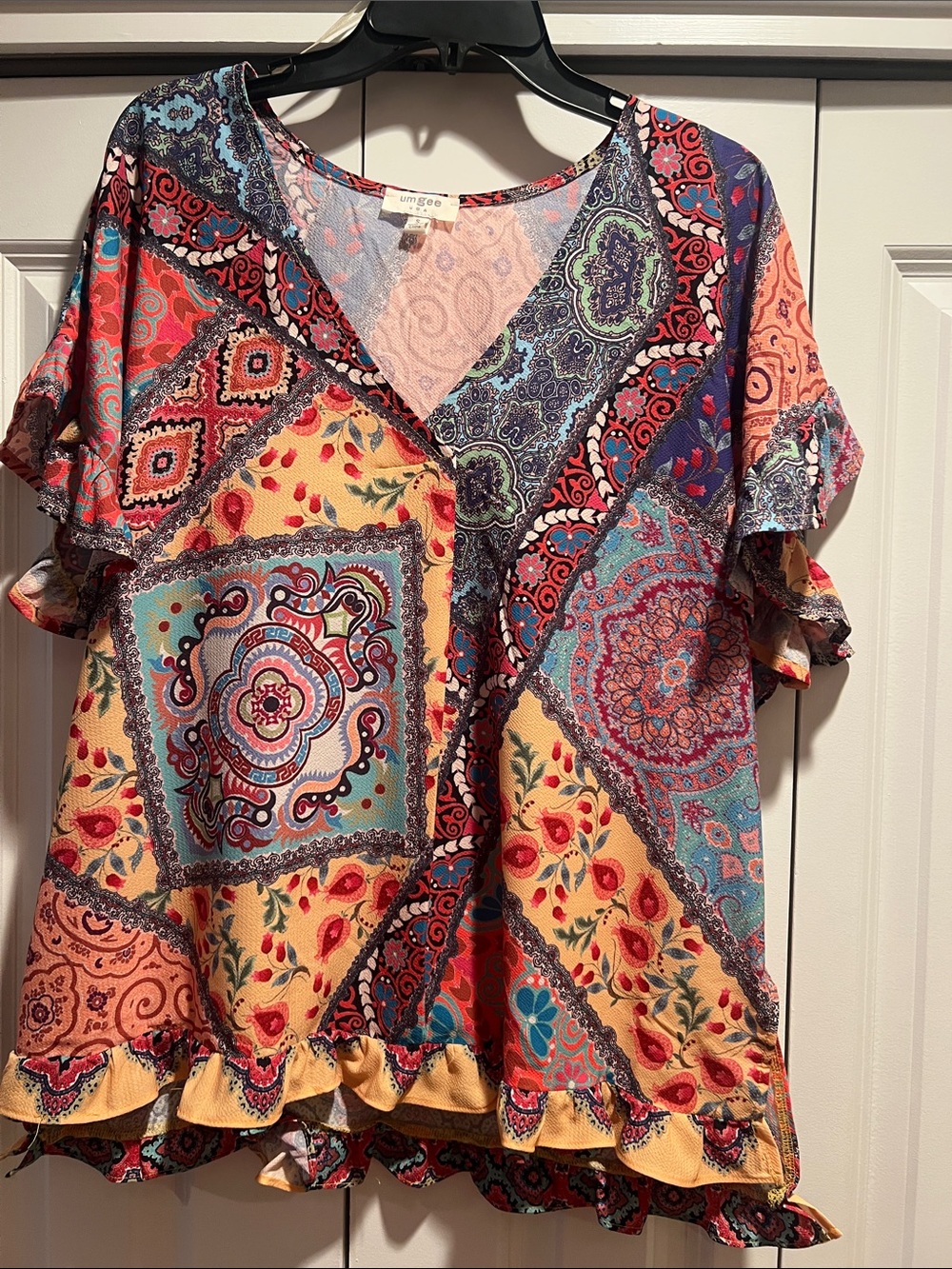 Umgee Multi-Color Patchwork V-Neck Ruffle Sleeve Top